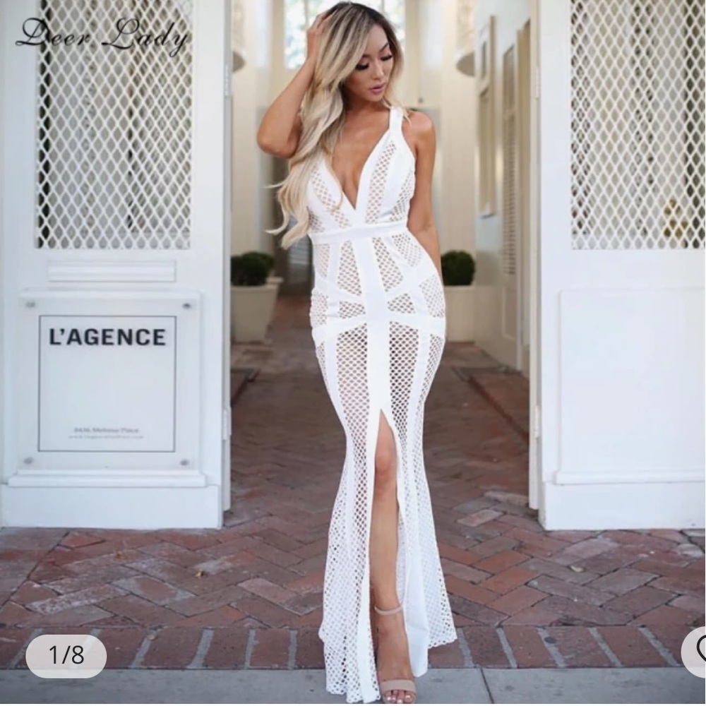 HMS Deer Lady Fabulous Long White V Neck Sexy Bandage Maxi Dress Party Club